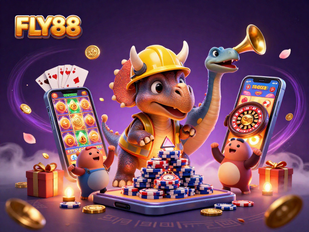 FLY88 offers a vibrant experience with a triceratops building poker chip pyramids in a casino-themed celebration.
