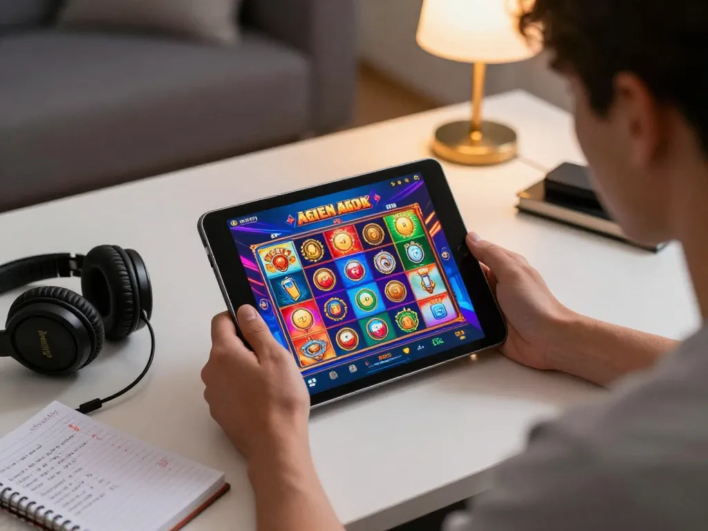 Player engaging with a colorful agen slot game interface on a tablet, surrounded by gaming strategies.