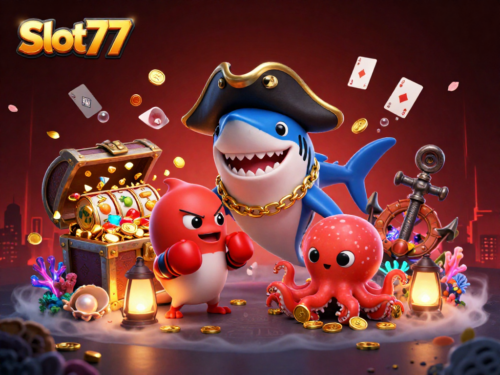 Slot77 memperlihatkan hiu bajak laut yang lucu dengan karakter menarik dan elemen permainan slot yang mengagumkan.
