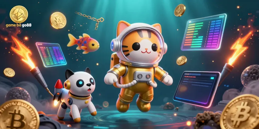 Engage in thrilling game bài go88 with a cosmic adventure featuring a space cat and robot dog in neon-futuristic scenery.