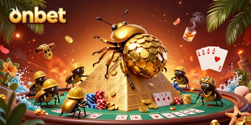 Engage with onbet's vibrant gaming world, featuring a golden dung beetle amid coins, poker elements, and dynamic casino symbols.