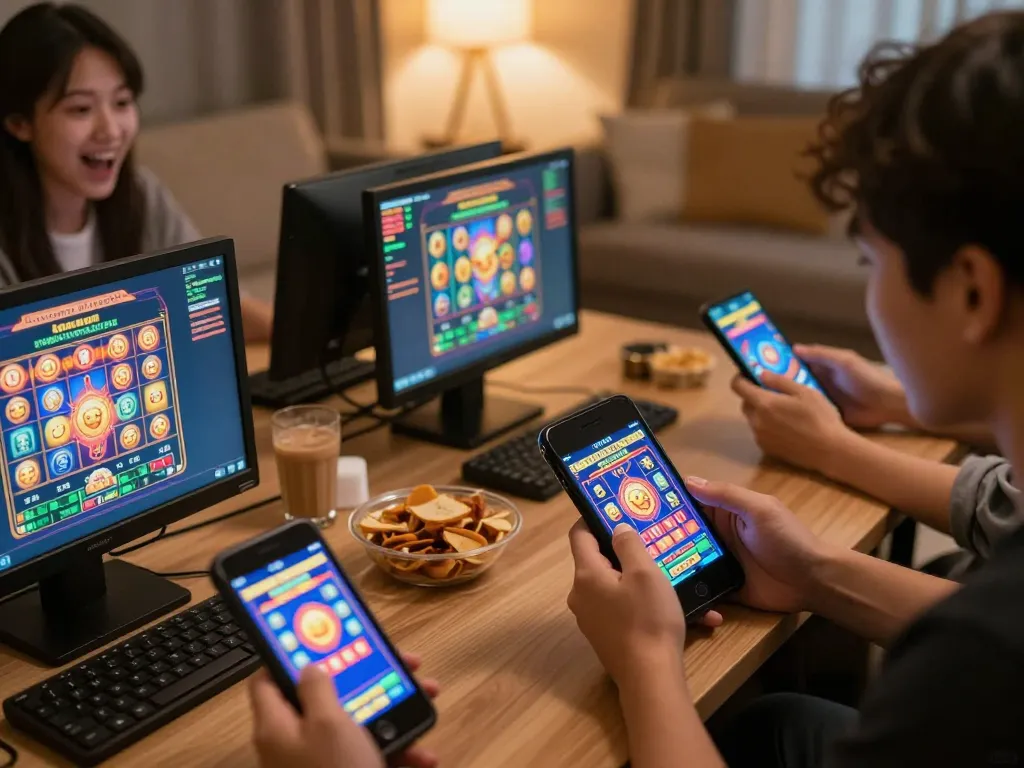 Players celebrating winning spins with link gacor on their mobile devices in a cozy setting