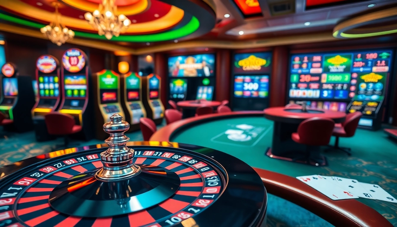 Découvrez l'excitation du casino en ligne France avec une scène de jeu en ligne dynamique incluant la roulette et les machines à sous.