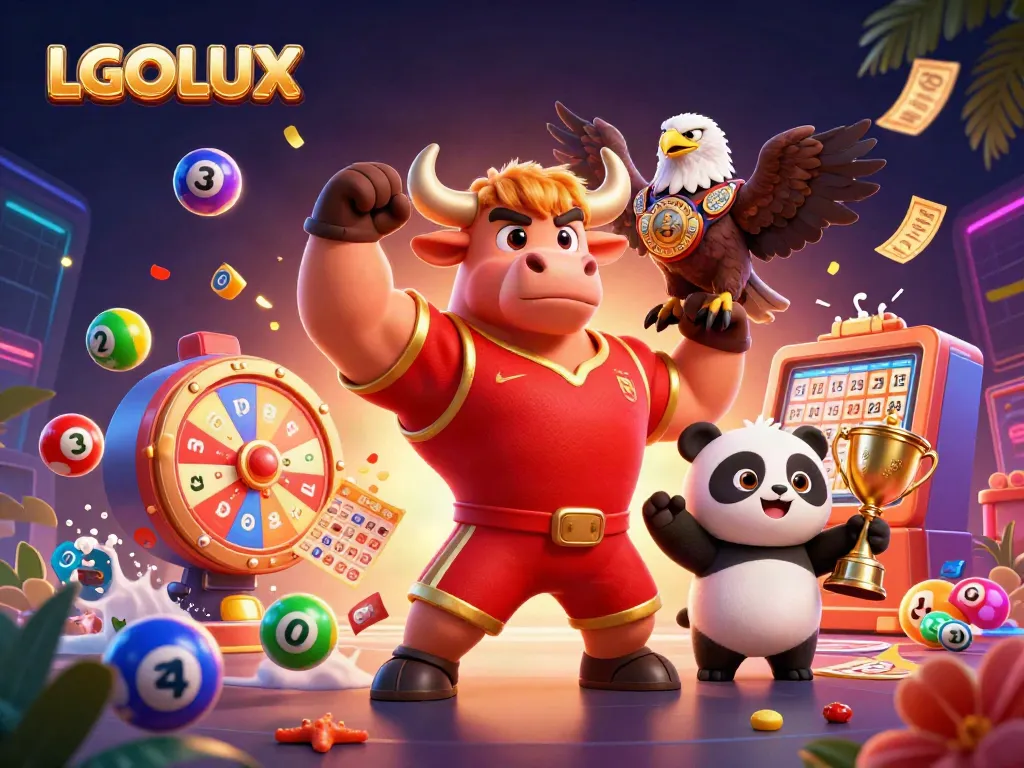 Experience thrilling gaming with LGOLUX as cheerful characters and vibrant lottery elements celebrate in a casino environment.