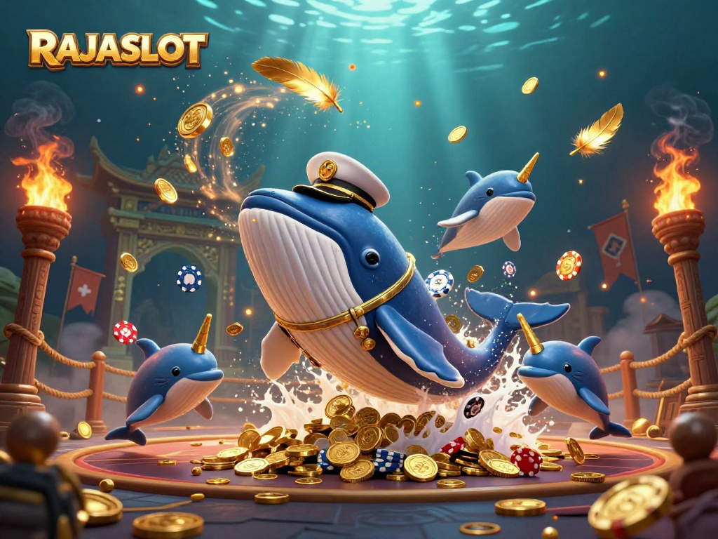 RAJASLOT menang besar dengan narwhal berwarna emas dan ikan lumba-lumba beraksi di lautan koin.