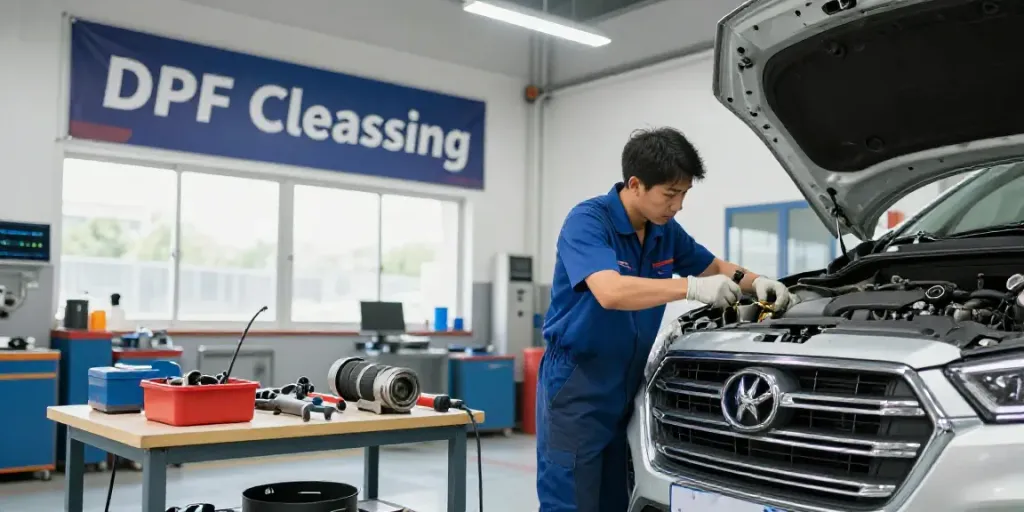 DPF reinigung hannover service scene with technician cleaning vehicle exhaust system in a professional automotive workshop