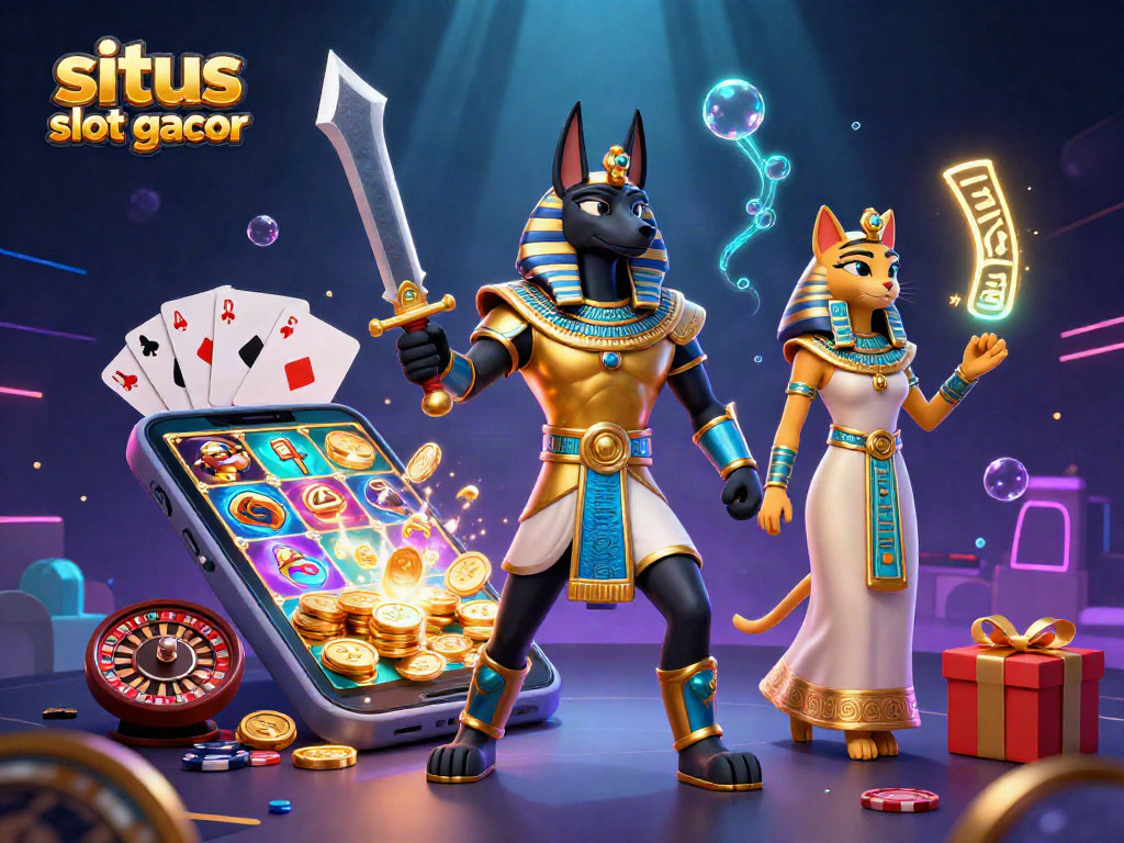 Engage with situs slot gacor through a vibrant 3D casino scene featuring Anubis and Bastet.