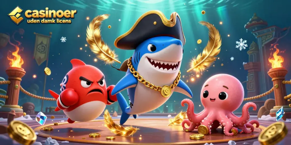Engage in thrilling gameplay through casinoer uden dansk licens with a pirate shark and companions.