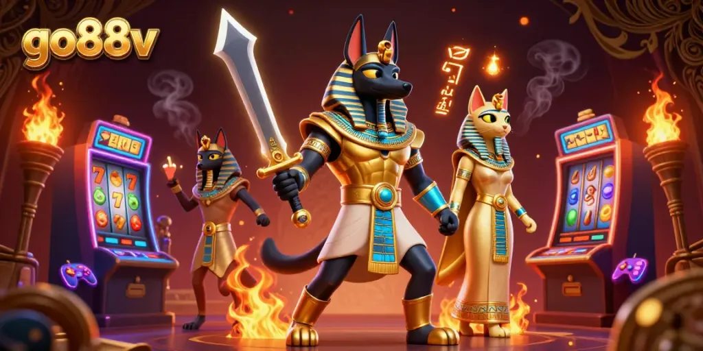 Experience exciting gameplay with go88v's ancient Egyptian-themed slot machines featuring Anubis and Bastet.