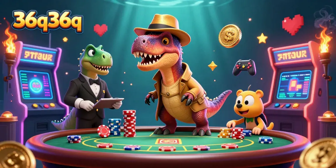 36q36q showcases a velociraptor card counter and friends at a vibrant casino scene.
