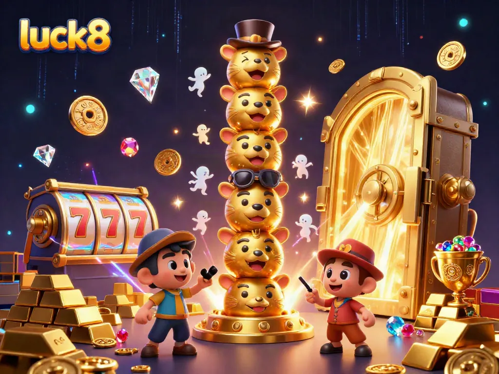 Engage in dynamic gameplay at luck8 with vibrant slot reels and a golden totem in an exciting casino scene.