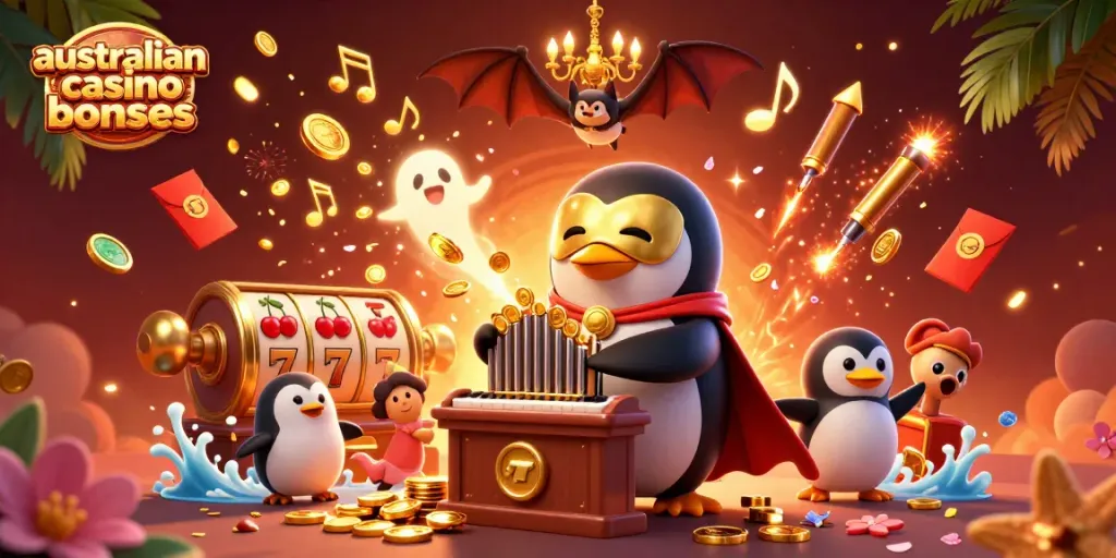 Experience thrilling australian casino bonuses while watching a penguin play a golden pipe organ amidst festive decorations.