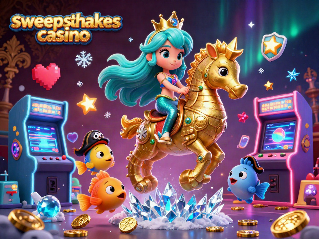 Engage with the sweepstakes casino scene showcasing a mermaid princess, giant seahorse, and arcade games.