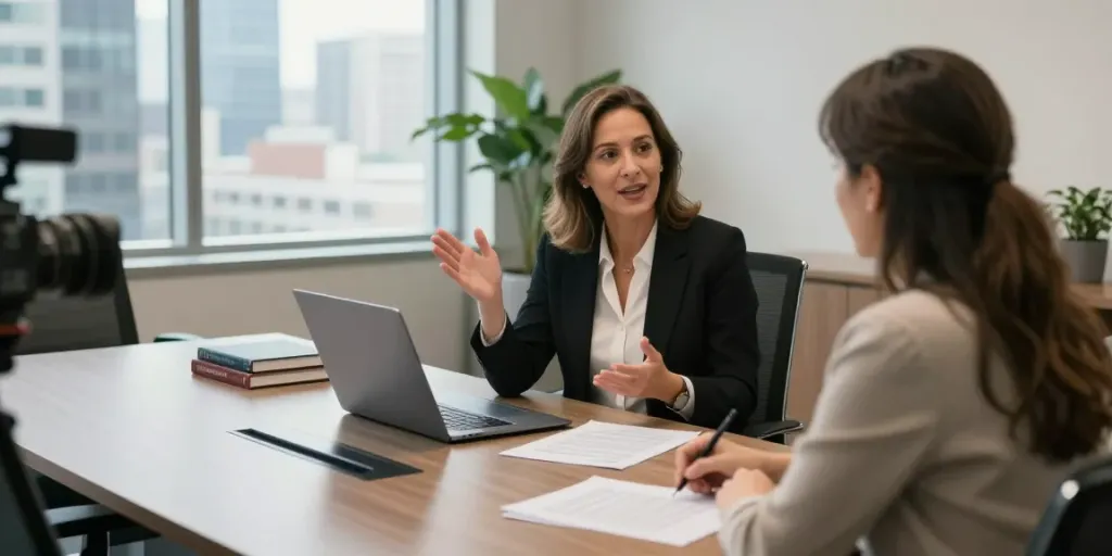 Karen McCleave GTA discussing legal matters with a client in a modern office setting.