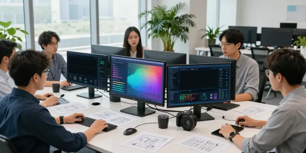 Engineers collaborating on AI infrastructure analytics in a modern workspace.