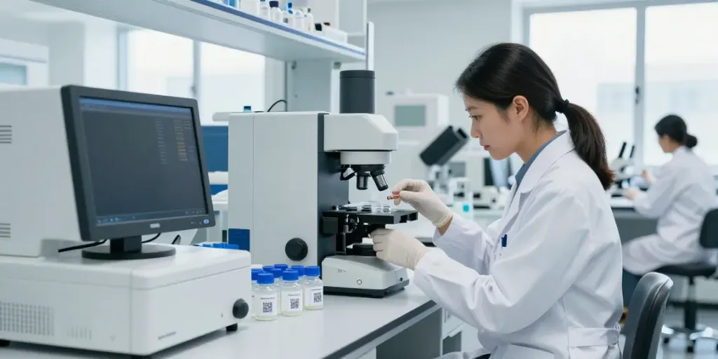 Voltera Sciences peptides in a modern lab with researchers ensuring quality and purity.