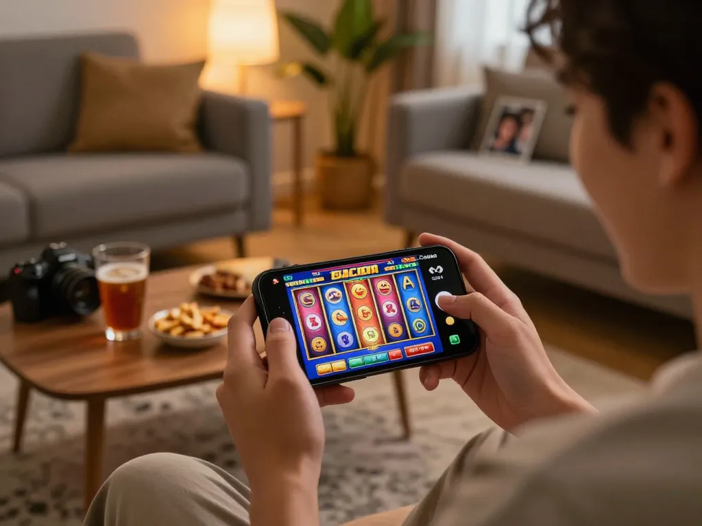 Pemain yang terlibat menikmati permainan slot gacor di smartphone dalam suasana yang nyaman.