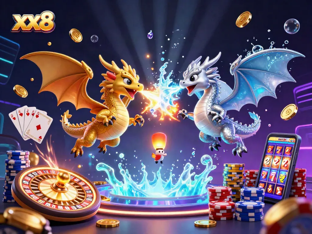 Experience the thrill of xx8 with dynamic dragons representing winning moments in this vibrant casino scene.