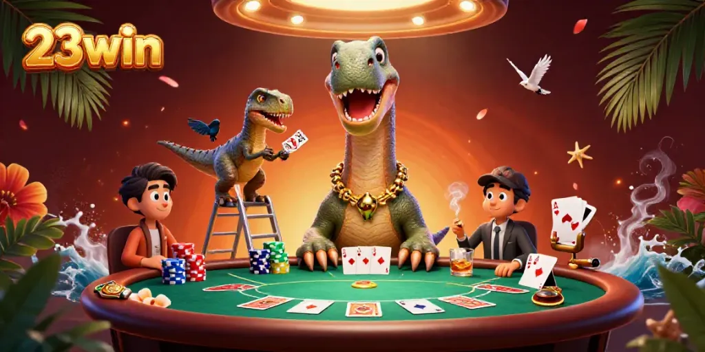 Experience the excitement of 23win casino with this vibrant poker illustration featuring dynamic characters.