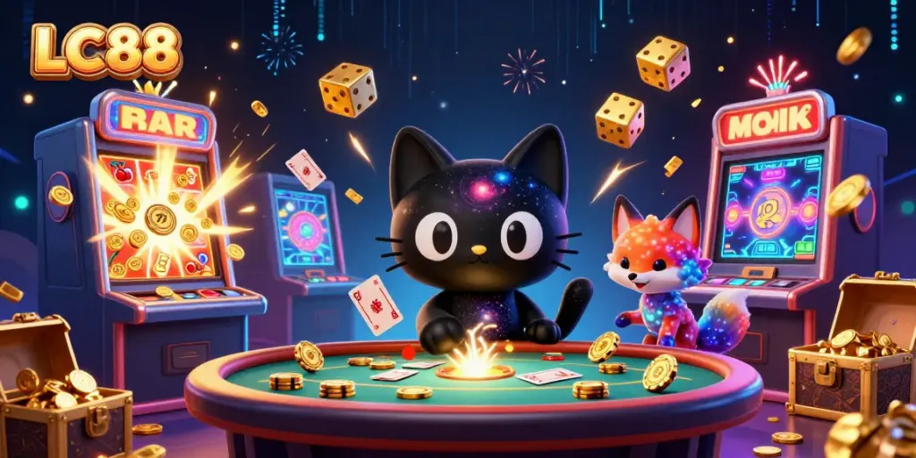 Experience thrilling gameplay with LC88's cosmic casino scene featuring vibrant 3D characters.