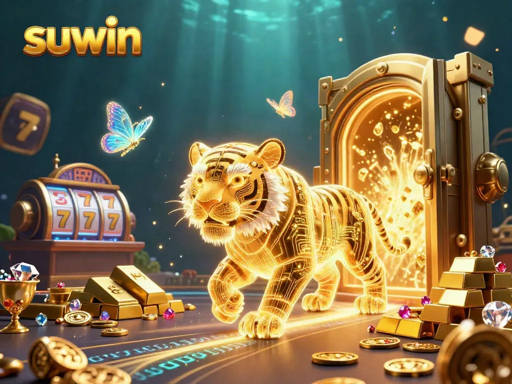 Suwin themed digital casino scene with a golden tiger and scattered jackpot elements.