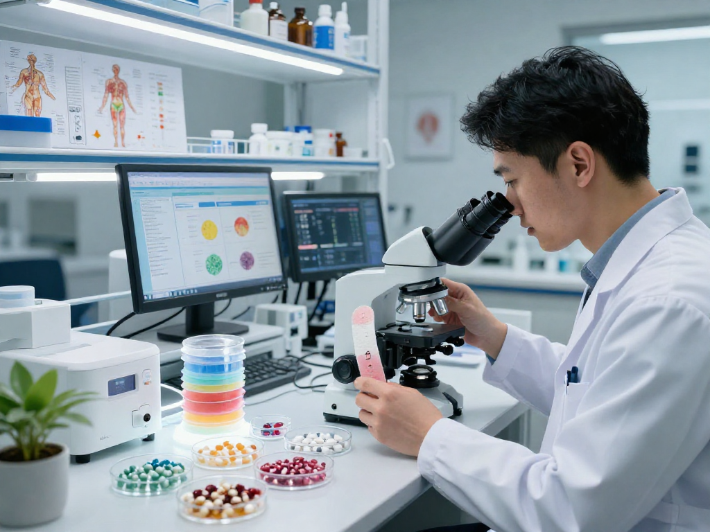 Detailed lab scene showcasing TB 500 benefits through innovative buccal strip technology and precision compounds.