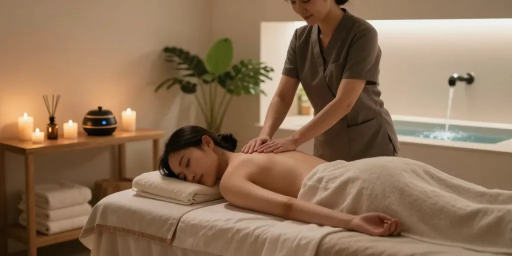 Relaxing 용인출장마사지 therapy session with candles and calming ambiance.