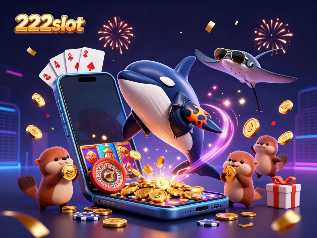 Berbagai karakter meriah bermain dan menikmati slot 222slot dengan koin emas tergenggam.