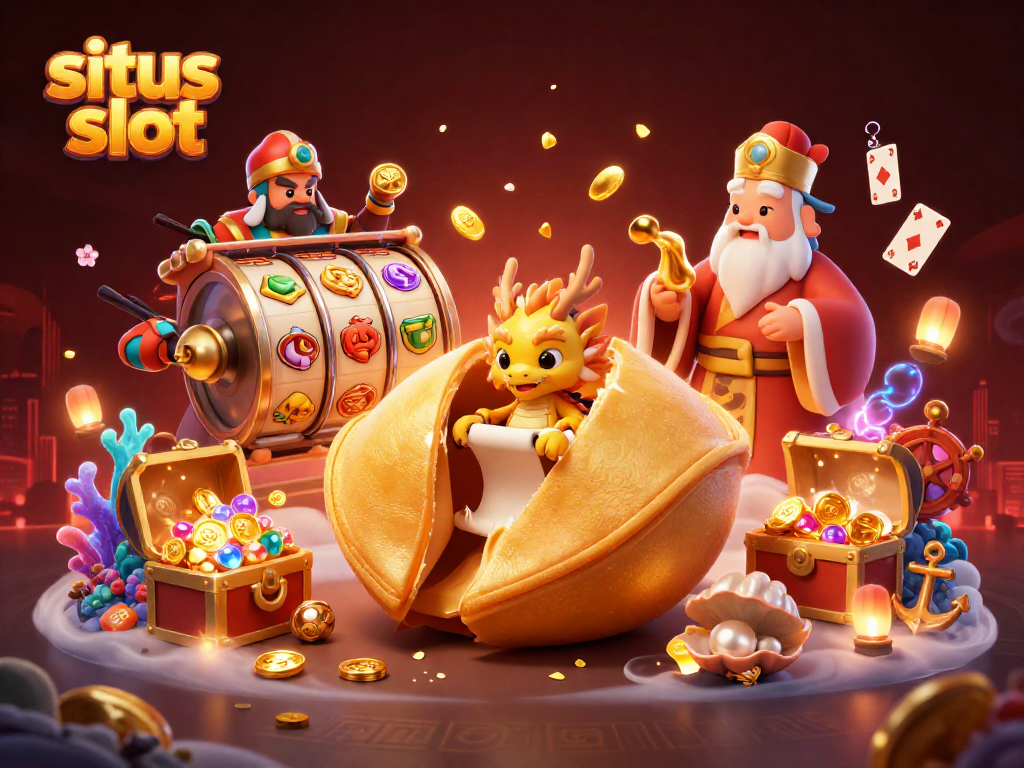 Permainan situs slot dengan simbol keberuntungan dan karakter 3D yang menarik, menciptakan suasana kasino yang menyenangkan.