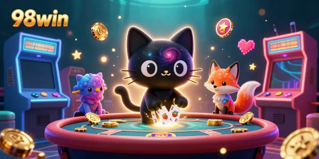 Experience vibrant gaming with 98win as the cartoon characters interact at a cosmic casino.