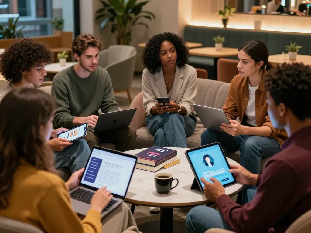 Individuals discussing AI sex technology in a modern lounge, showcasing engaging interactions and digital devices.