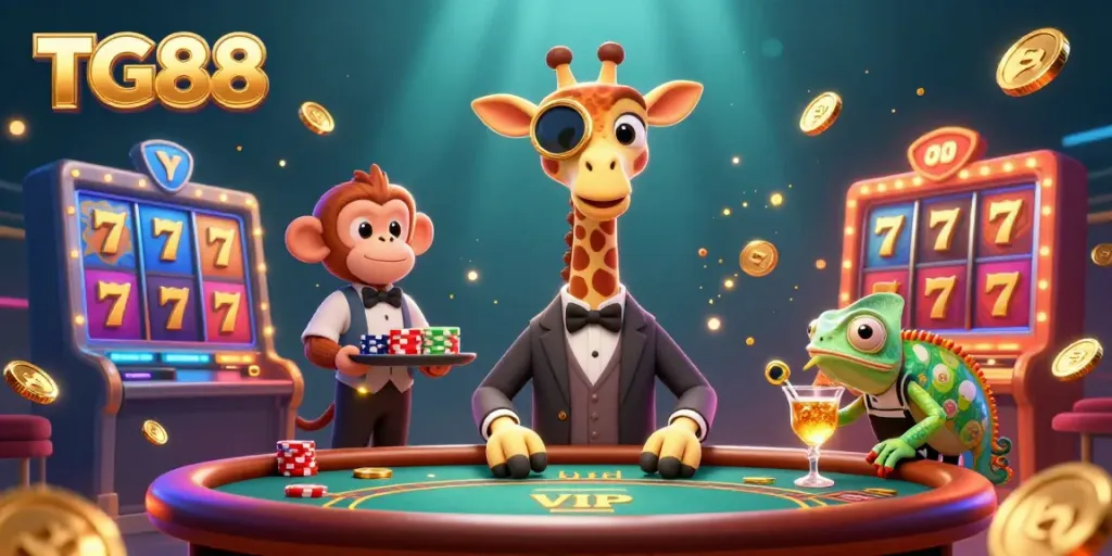 Experience high-stakes excitement with TG88’s vibrant casino scene featuring a giraffe, monkey valet, and chameleon bartender.