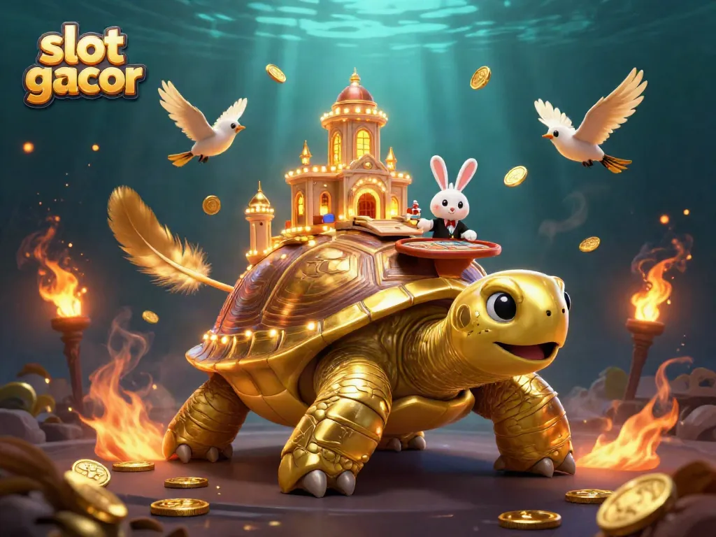 Experience the thrill of slot gacor with a vibrant 3D casino scene featuring a golden tortoise and a rabbit dealer.
