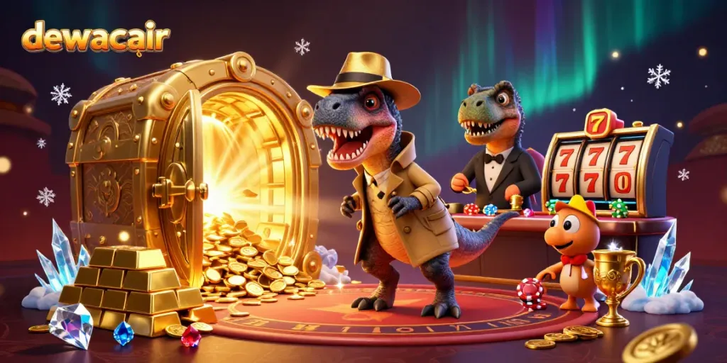 Dewacair showcases a 3D velociraptor card counter at a blackjack table amidst dazzling casino treasures.