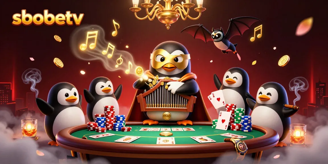 Experience sbobetv's exciting atmosphere with a penguin playing the organ, launching coins!