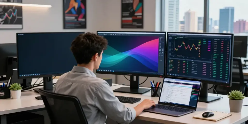 Trader using MetaTrader 5 in a modern workspace with multiple monitors.
