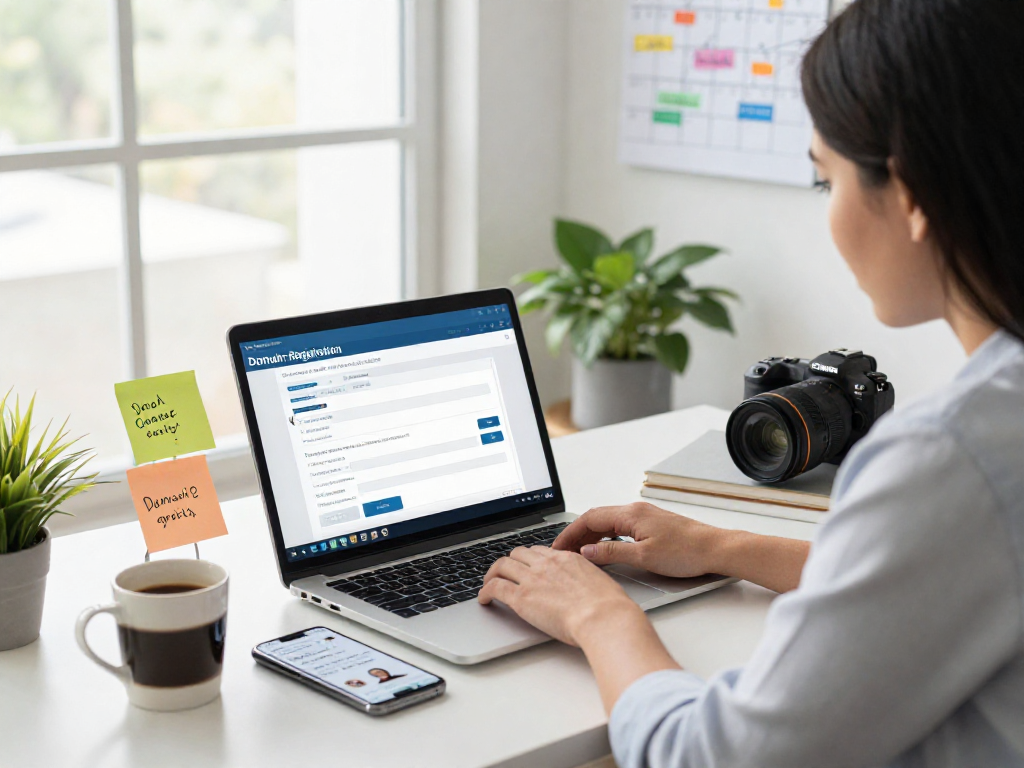 Registering domains online with focused consultant at modern office desk, emphasizing registro de dominios process.