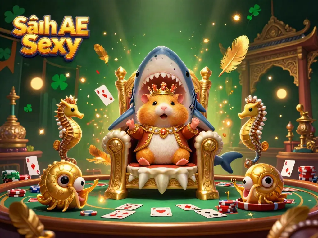 Experience live action at Sảnh AE Sexy with a golden hamster king in a lively casino setting.
