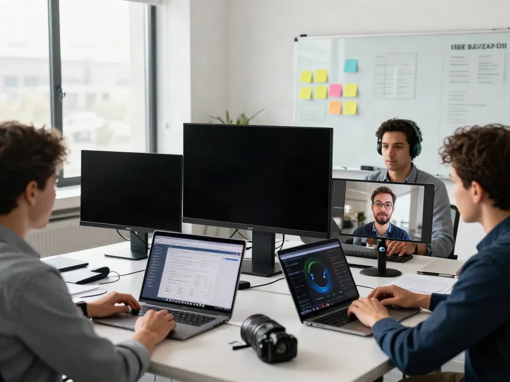 Deepfake protected Online Video Calls, Meetings and Conferencing with diverse team in modern office.