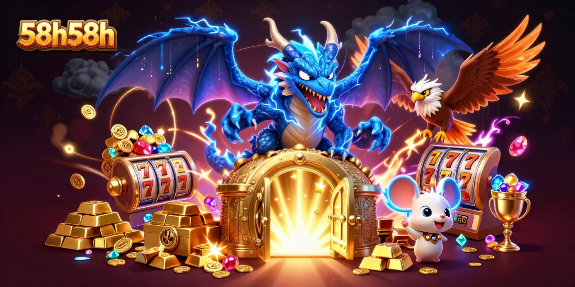 Experience thrilling wins at 58h58h with vibrant 3D casino characters among scattered treasures.