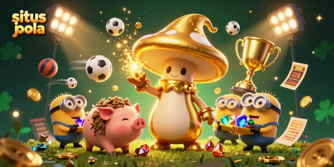 Discover situs judi bola excitement with a golden mushroom wizard and sports elements in a dynamic gambling scene.