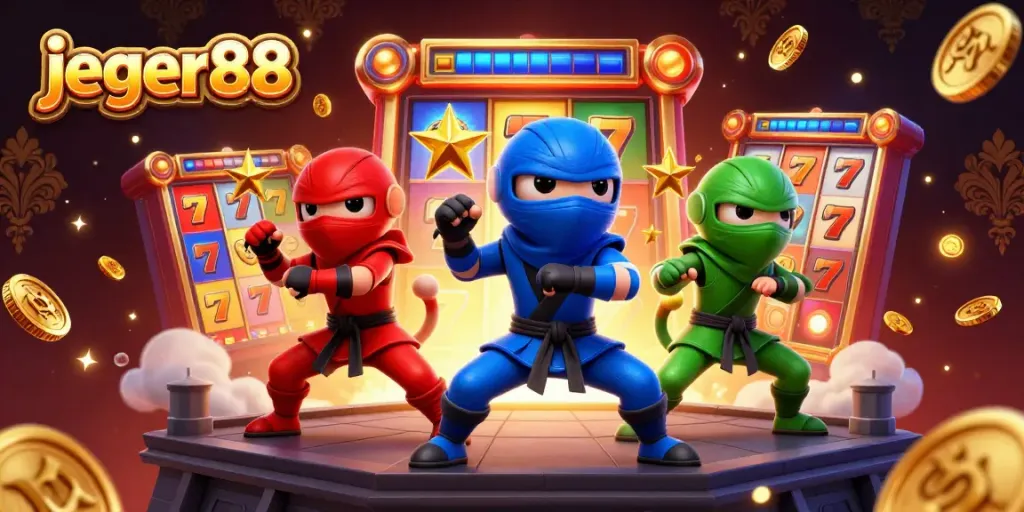 Slot online jedeger88 dengan chameleon ninja beraksi dalam pertarungan dinamis dan elemen berkilau.