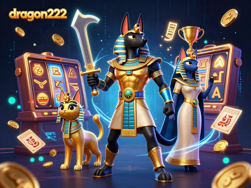 Experience dragon222's vibrant casino adventure with Anubis and Bastet amid spinning slots.