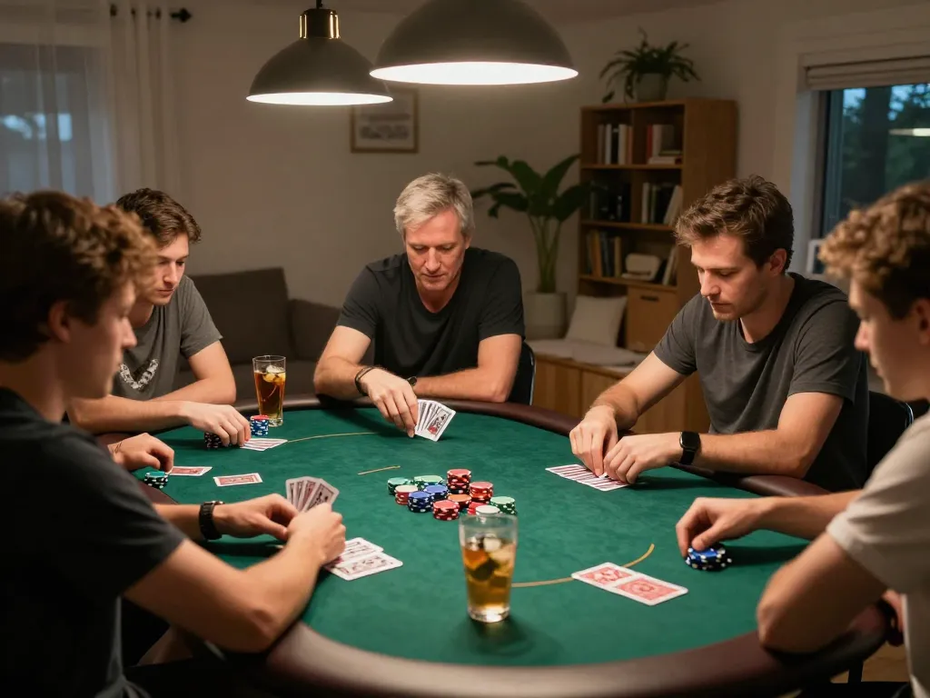 Players strategizing at a home poker game, representing the hidden wiki dark web in social gambling.