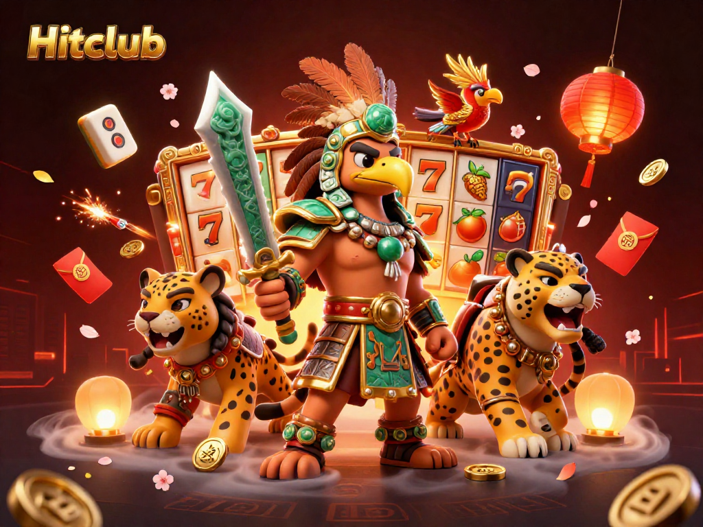 Celebrate wins with Hitclub's vibrant 3D casino scene featuring joyful warriors and game symbols.