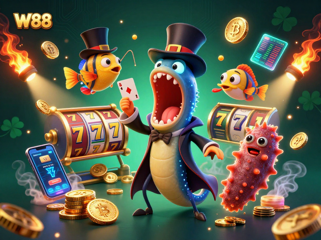 Experience the excitement of W88 with vibrant slot reels and magic characters in a dynamic casino scene.