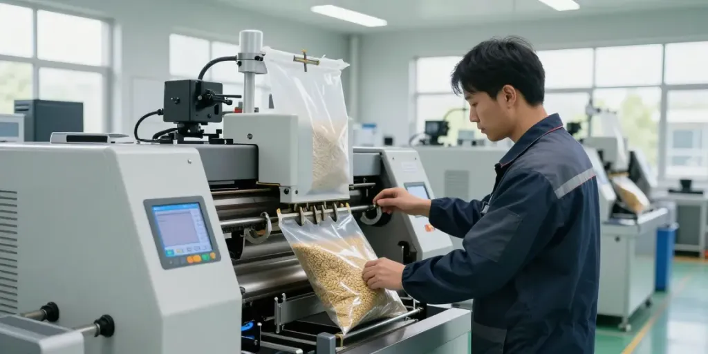 Technician operating an open-mouth bagging machine for customized packaging solutions in a modern manufacturing facility.