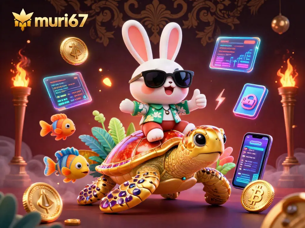 Experience thrilling gameplay with murai67 as the lucky rabbit rides a golden turtle amidst crypto treasures.