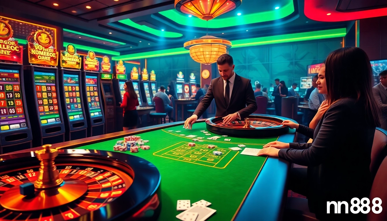 nn88 online gambling scene with vibrant slot machines and poker chips showcasing excitement.