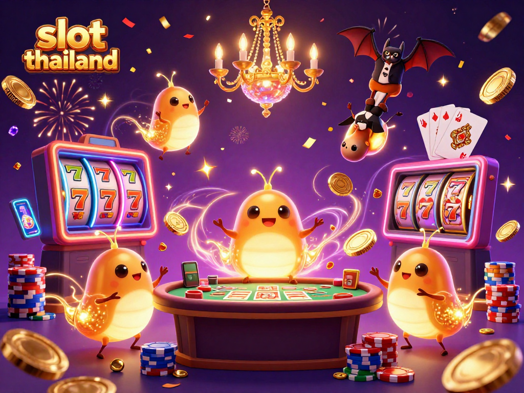 Experience the excitement of slot thailand with glowing characters and vibrant casino elements in a magical setting.